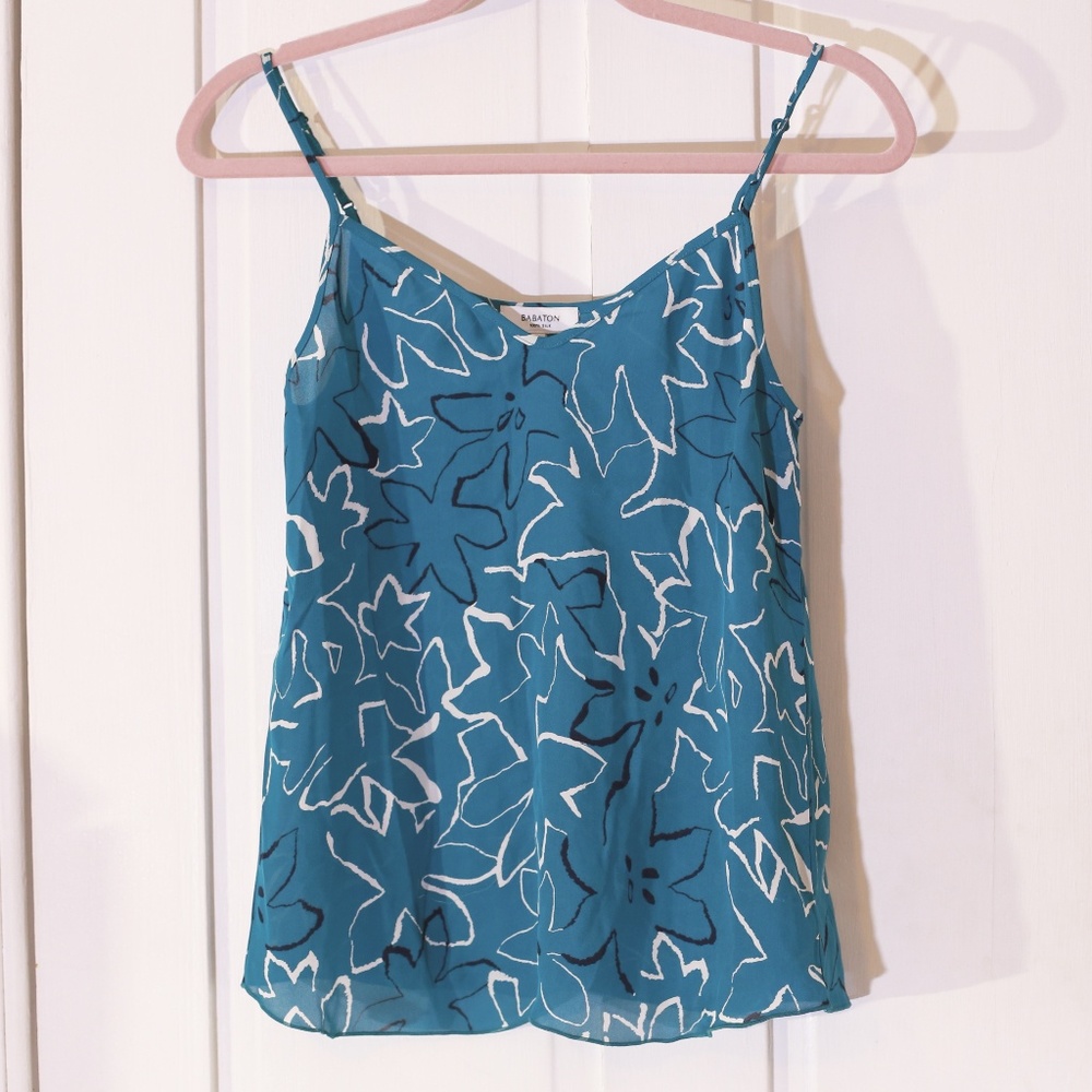 Aritzia Silk Teal Blue Floral Print Cami Blouse